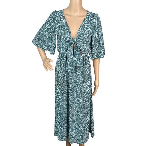 Audrey 3+1 Green Printed Tie Front Flutter Sleeve Midi Dress SZ S - Picture 1 of 11